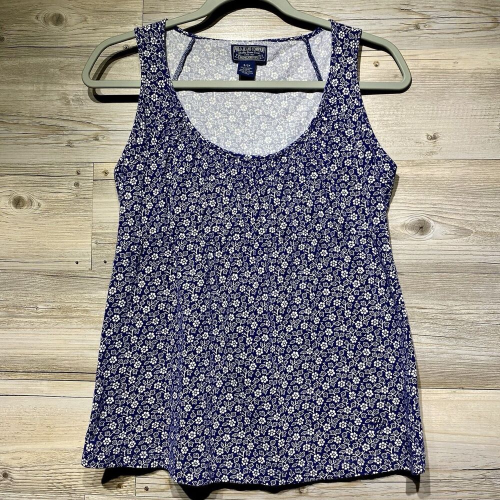 Ralph Lauren Polo Jeans Co Blue Floral Babydoll Tank Top Size Small Vintage Y2K